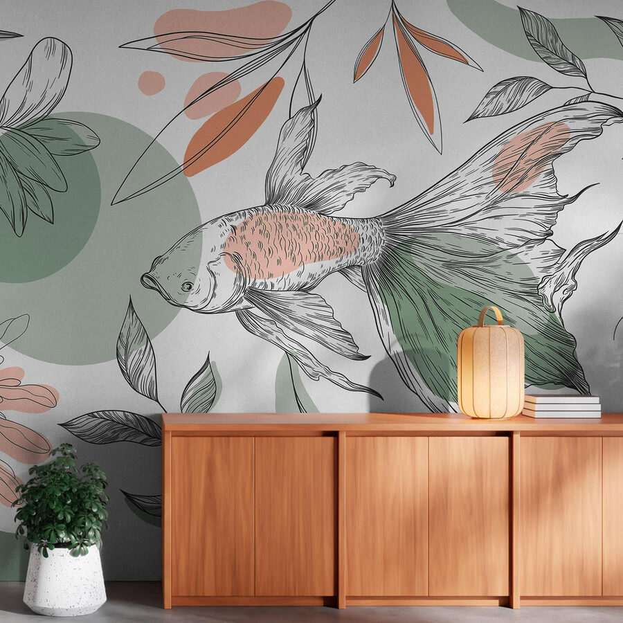 Peces y plantas sobre fondo blanco