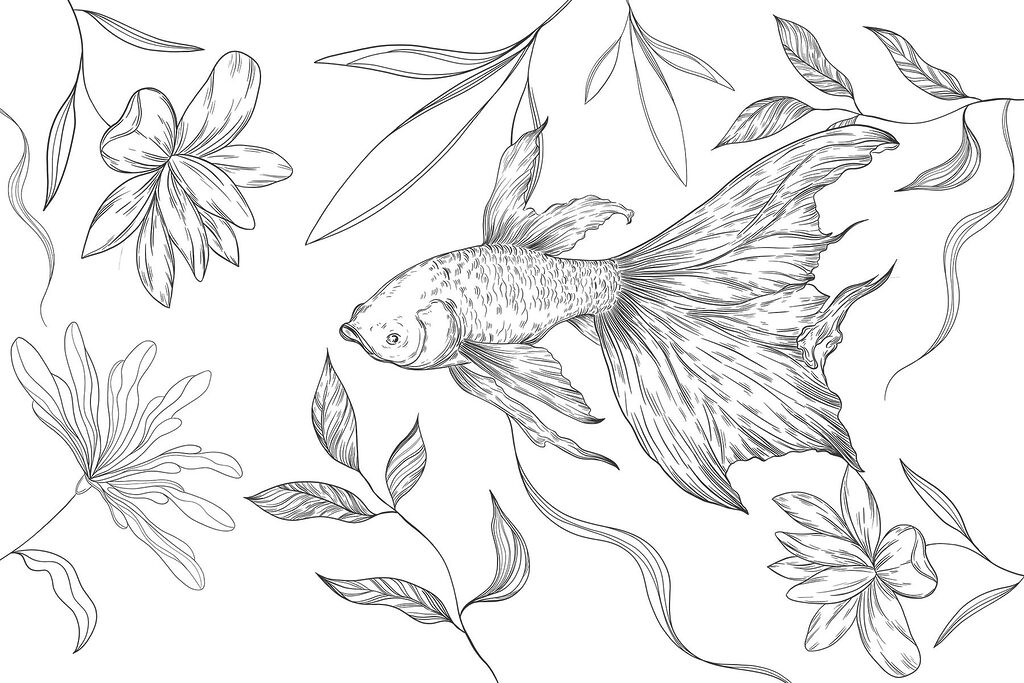 Dibujo en blanco y negro de un pez y plantas Dibujo en blanco y negro de un pez y plantas