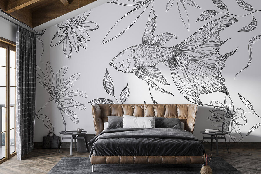 Black and white drawing of a fish and plants Black and white drawing of a fish and plants