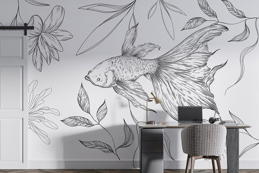 Black and white drawing of a fish and plants Black and white drawing of a fish and plants