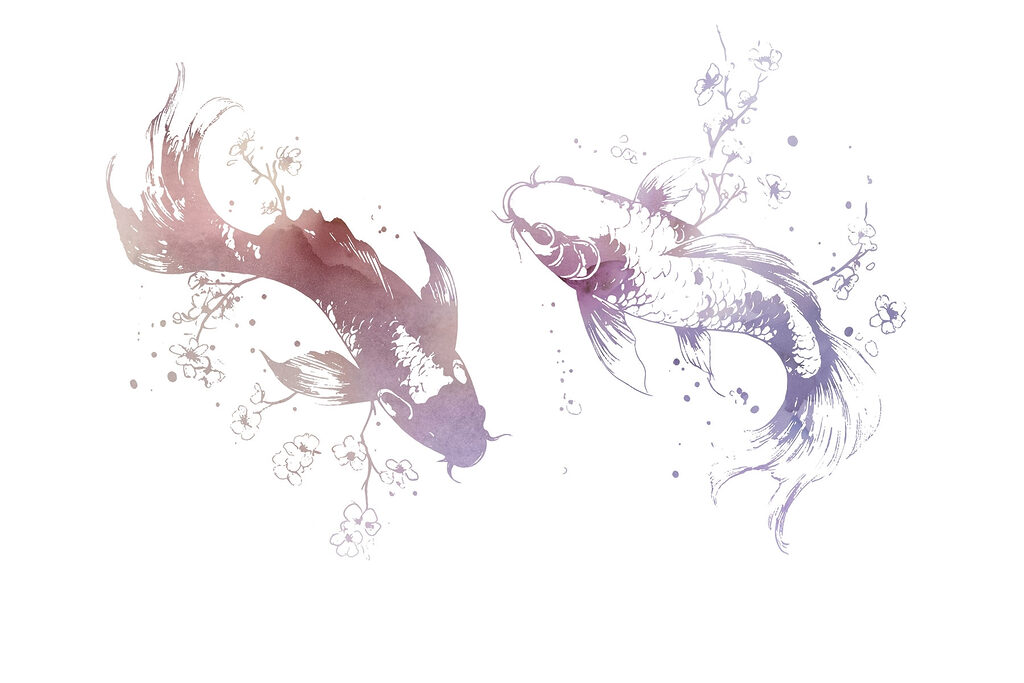 Two fish with flowers and leaves