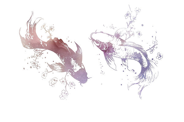 Two fish with flowers and leaves