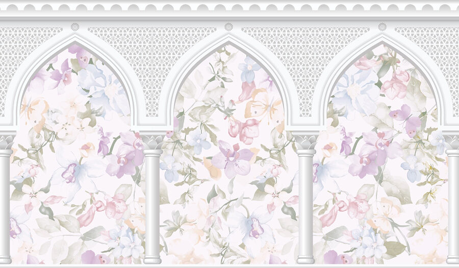 Papel pintado con flores y arcos