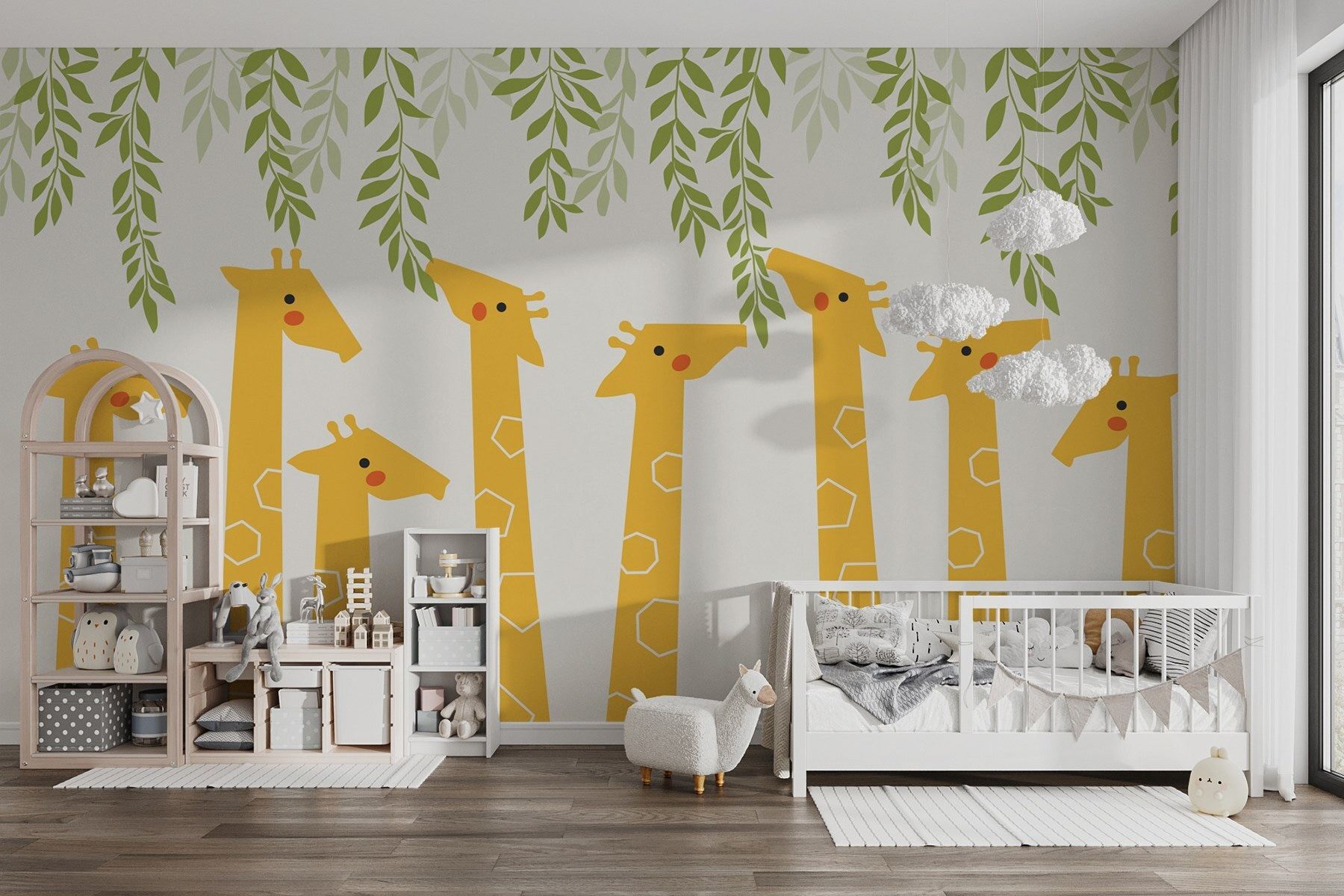 Group of giraffes with leaves