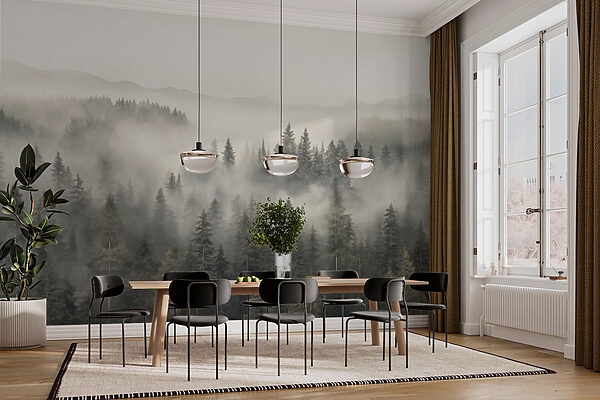 Bosque con niebla y montañas Bosque con niebla y montañas