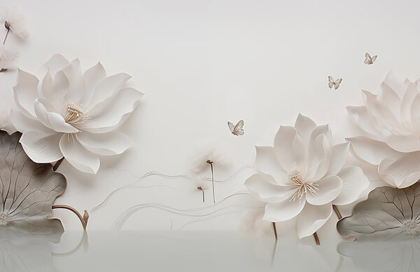 Flores y mariposas de papel blanco sobre una superficie blanca Flores y mariposas de papel blanco sobre una superficie blanca