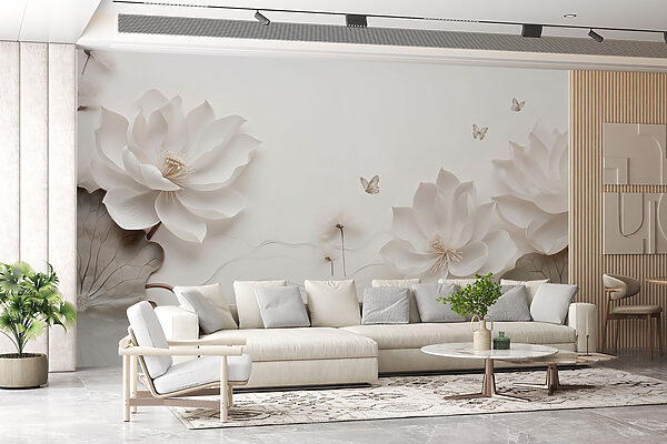 Flores y mariposas de papel blanco sobre una superficie blanca Flores y mariposas de papel blanco sobre una superficie blanca