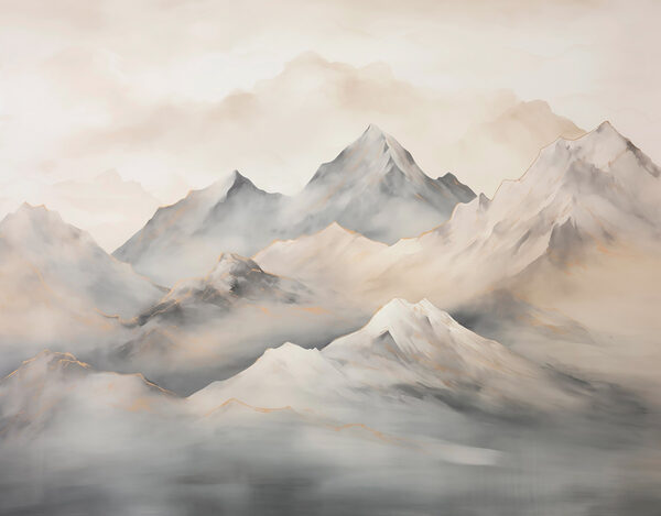 Painting of mountains with clouds