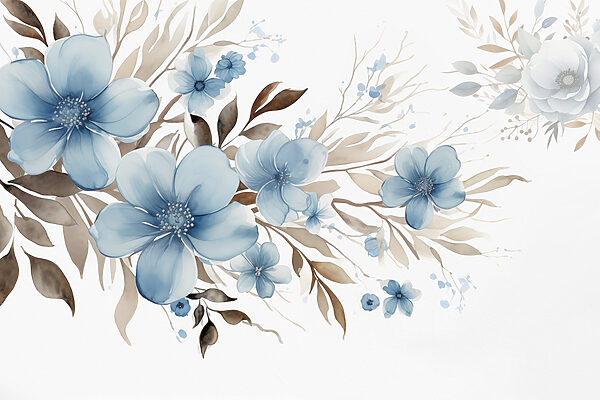 Painting of blue flowers and brown leaves