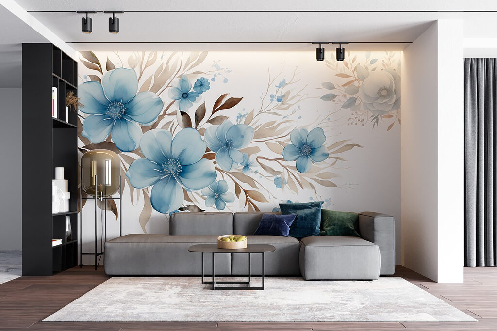 Painting of blue flowers and brown leaves