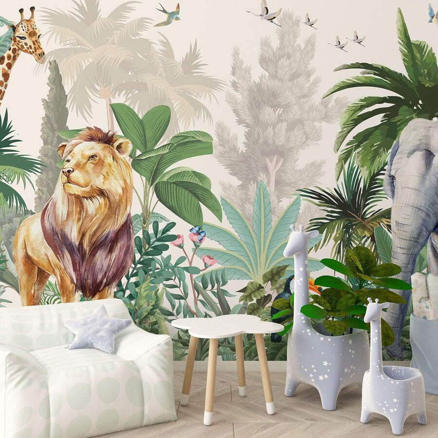 Papel pintado con animales y pájaros