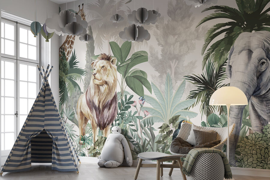 Papel pintado con animales y pájaros