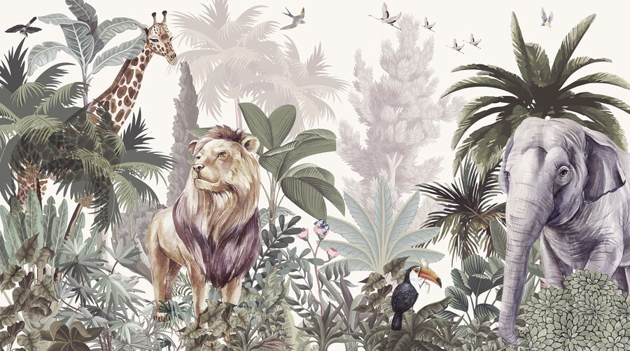 Papel pintado con animales y pájaros