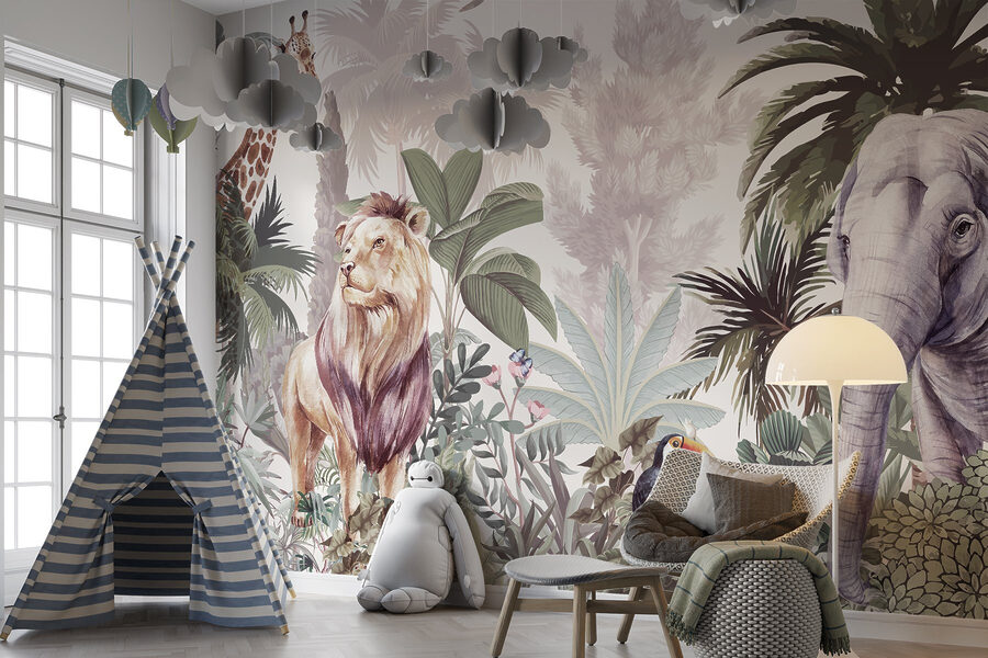Papel pintado con animales y pájaros