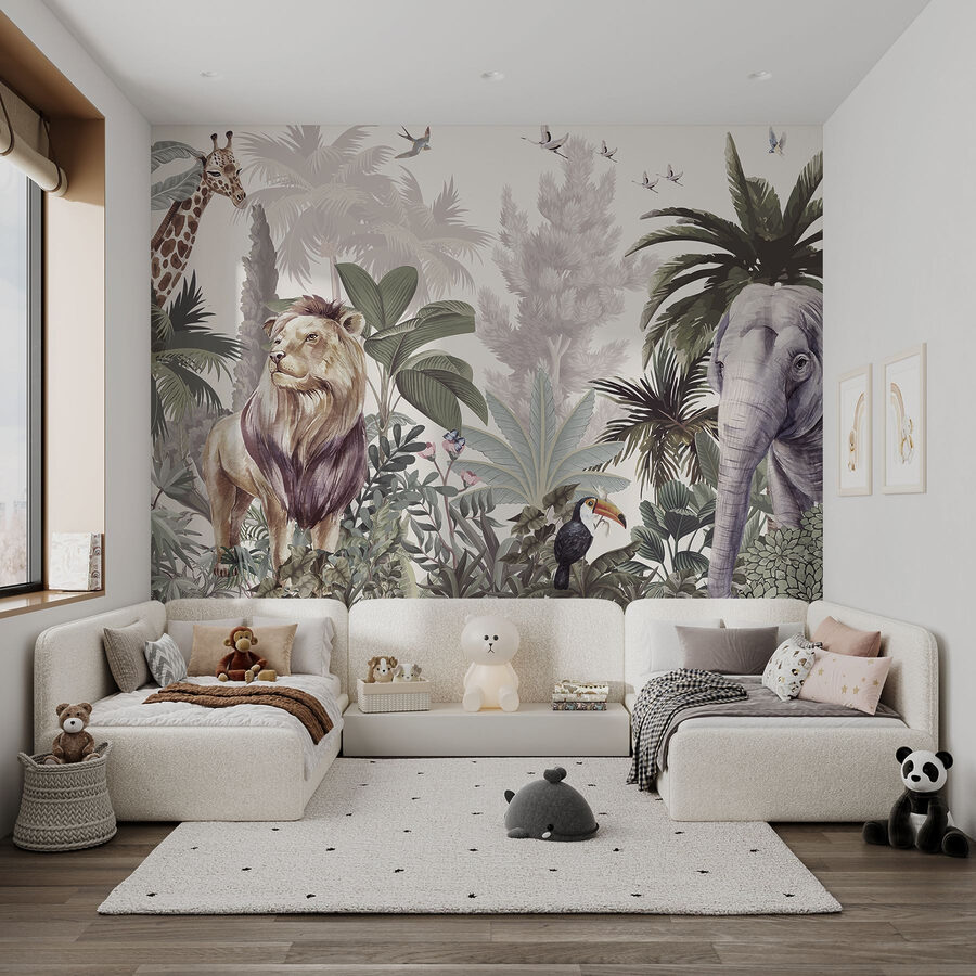 Papel pintado con animales y pájaros