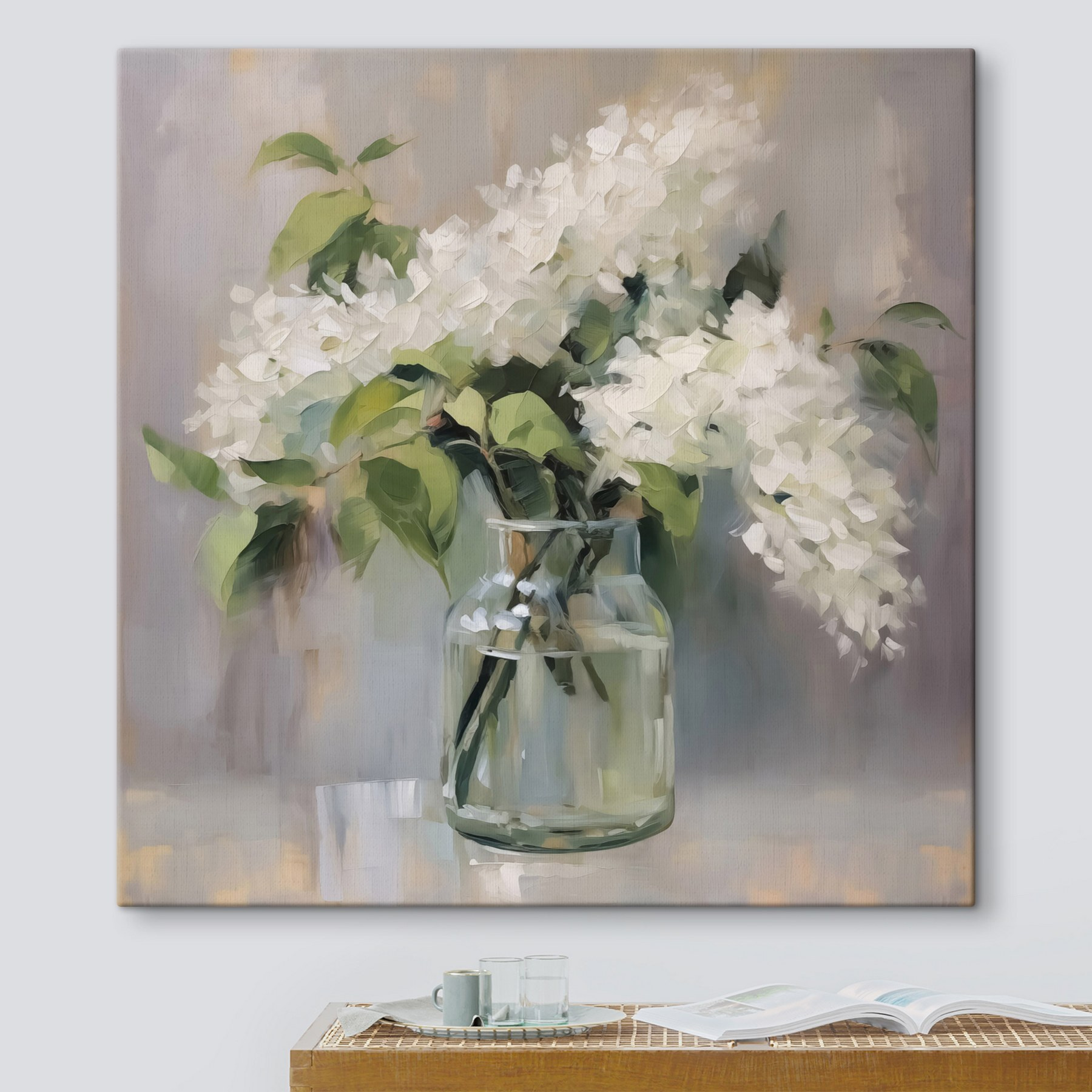 s43439piq21m - Cuadro de un ramo de flores blancas en un jarrón de cristal - tegory