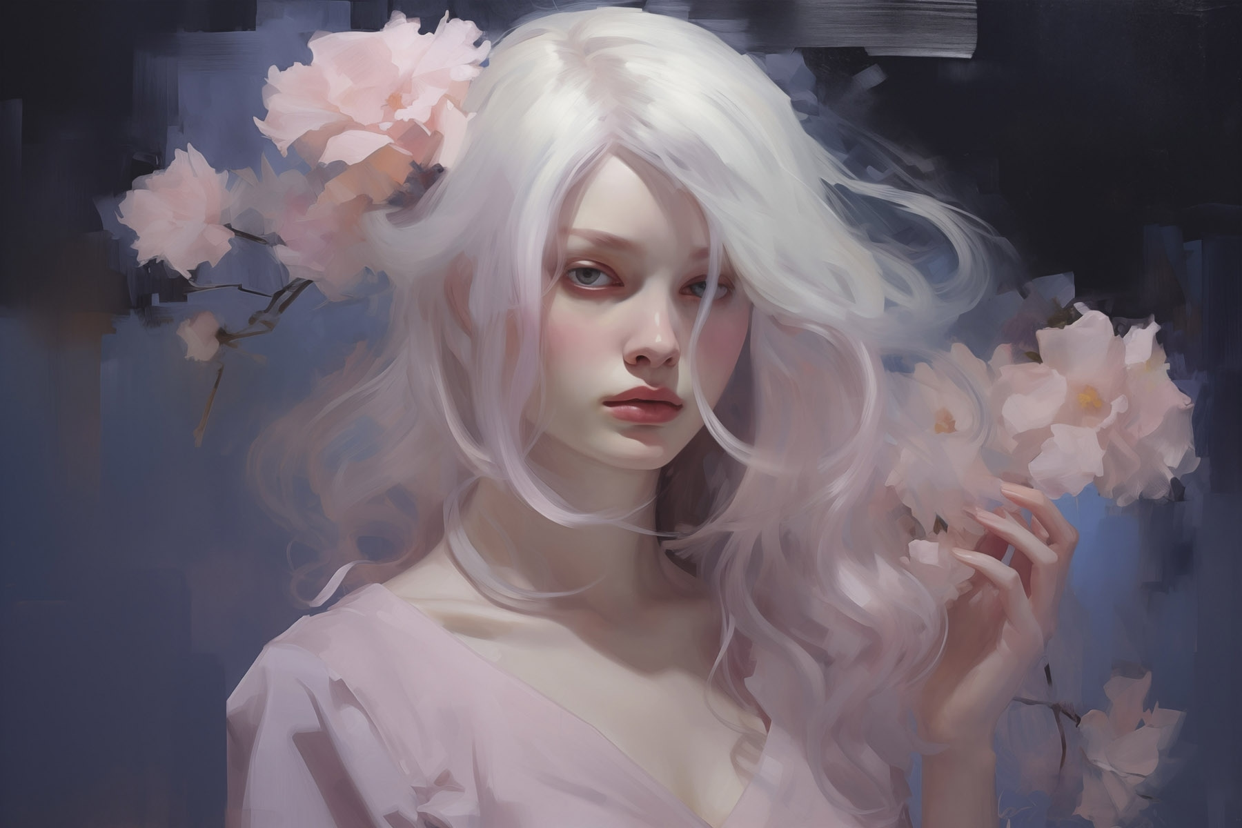 Woman with long white hair and pink flowers Woman with long white hair and pink flowers