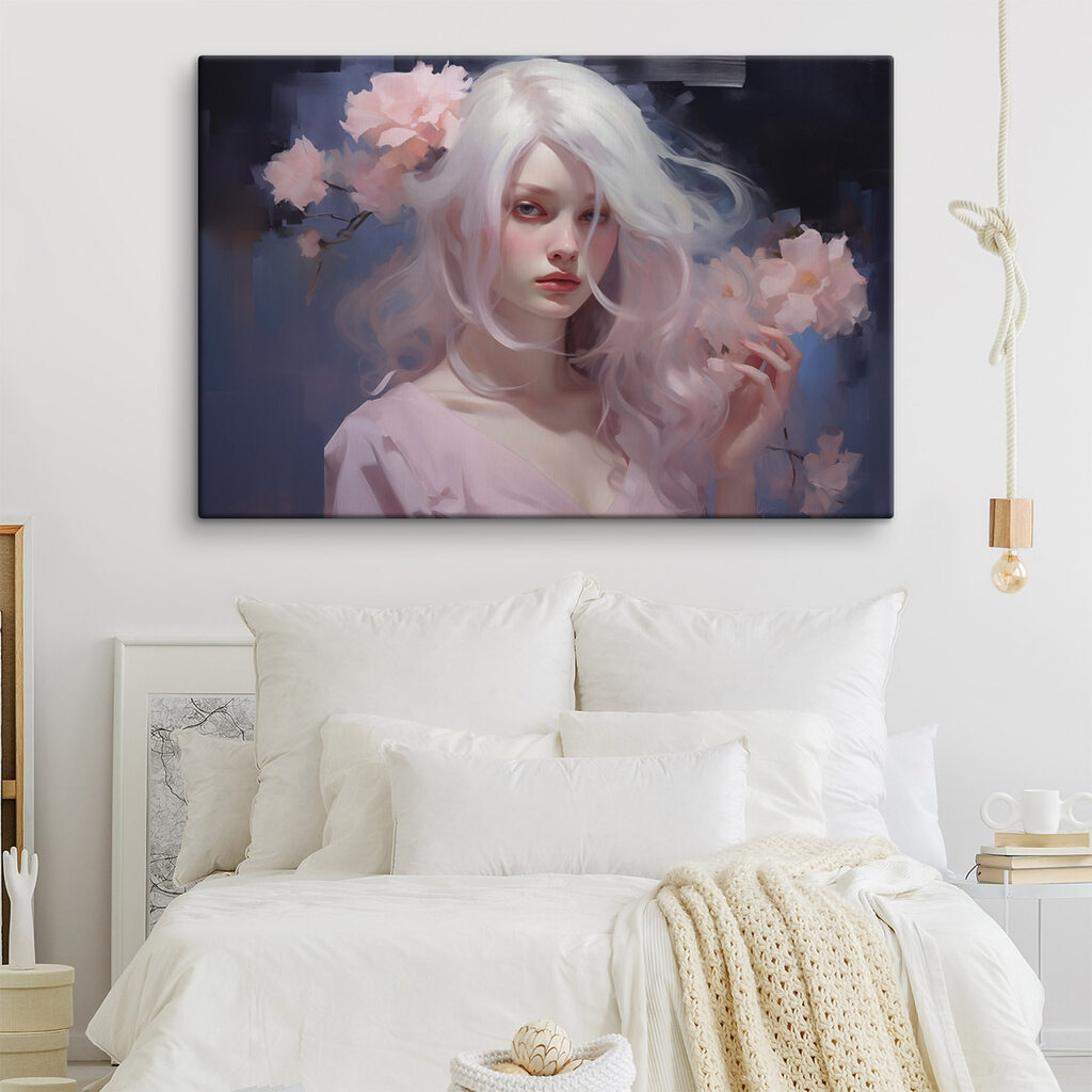 Woman with long white hair and pink flowers Woman with long white hair and pink flowers