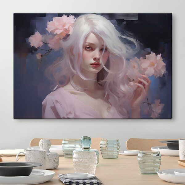 Woman with long white hair and pink flowers Woman with long white hair and pink flowers