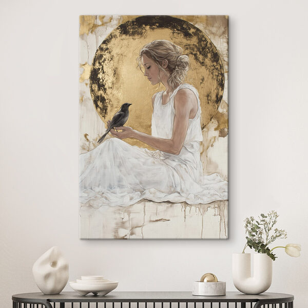 Woman in a white dress holding a bird Woman in a white dress holding a bird