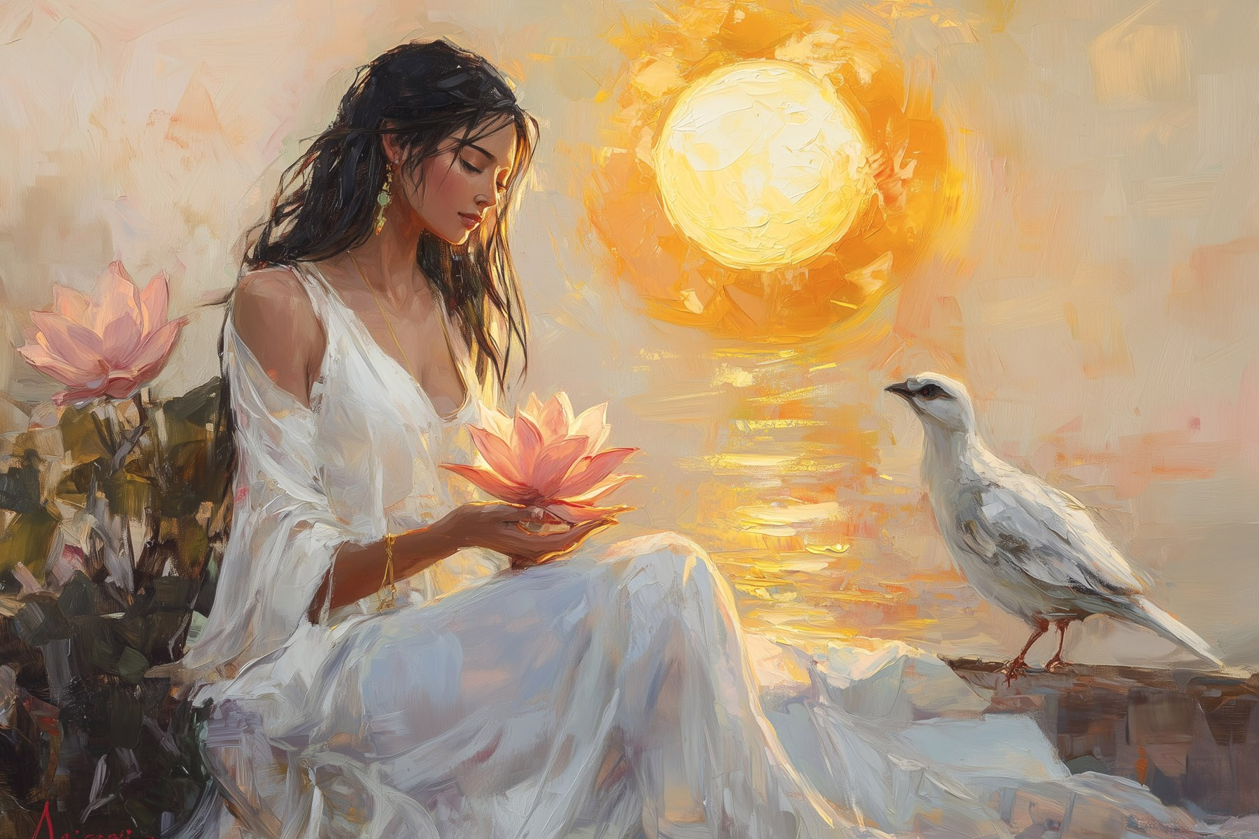 Painting of a woman holding a flower and a bird Painting of a woman holding a flower and a bird