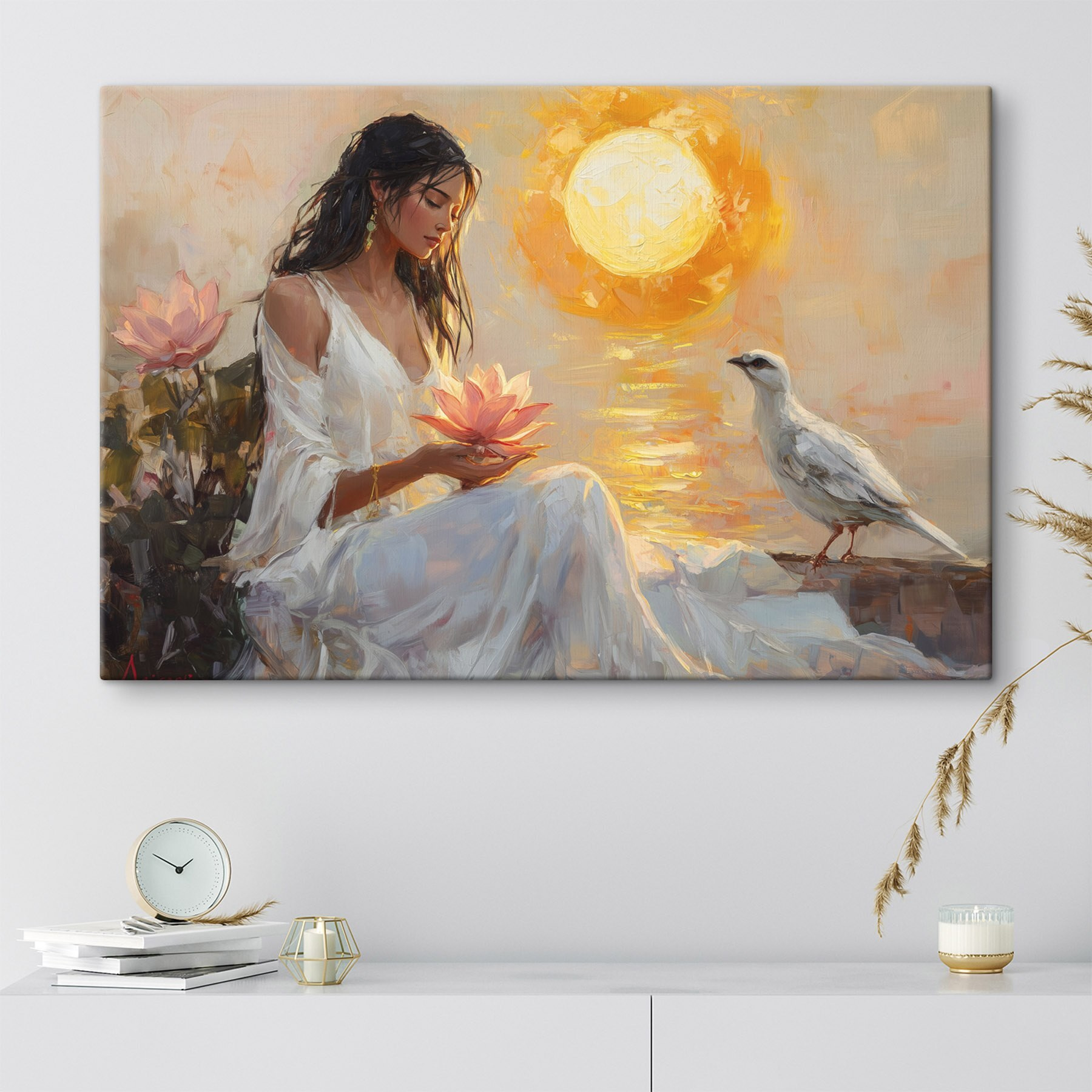Painting of a woman holding a flower and a bird Painting of a woman holding a flower and a bird