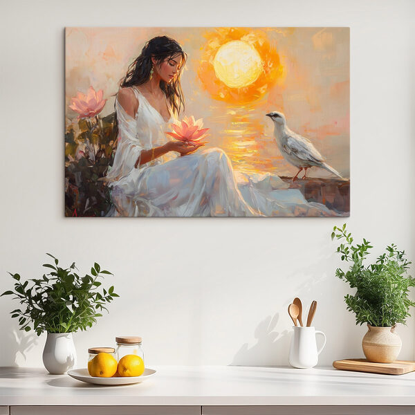 Painting of a woman holding a flower and a bird Painting of a woman holding a flower and a bird