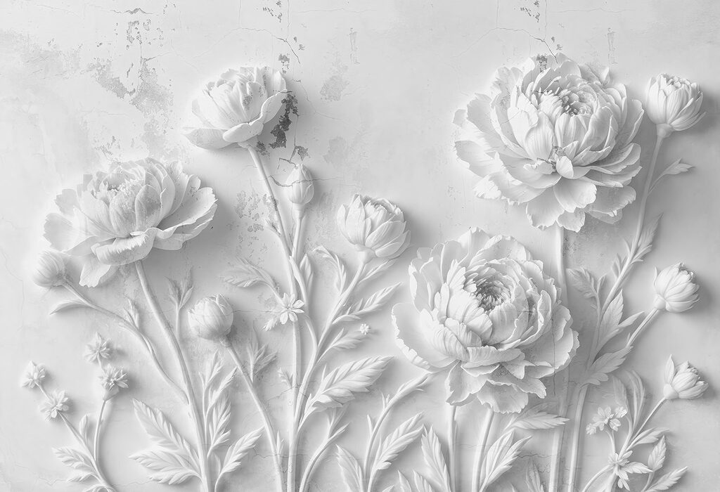 Tallado de flores blancas en una pared Tallado de flores blancas en una pared
