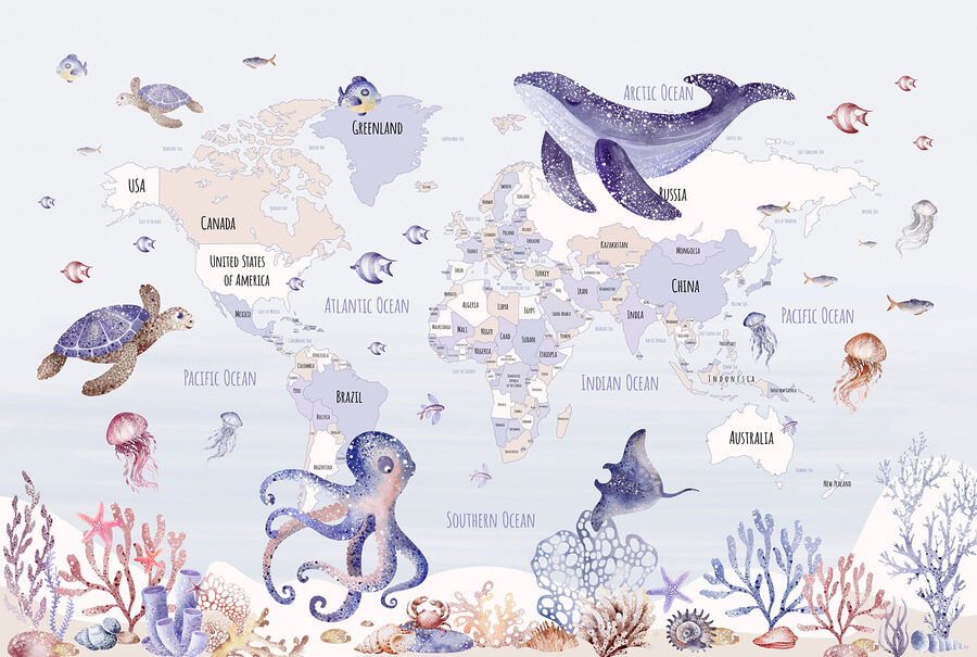 Mapa del mundo con animales marinos