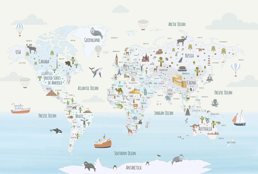 Mapa del mundo con diferentes animales