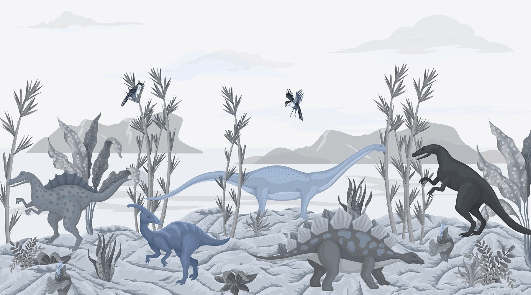 Group of dinosaurs in a landscape