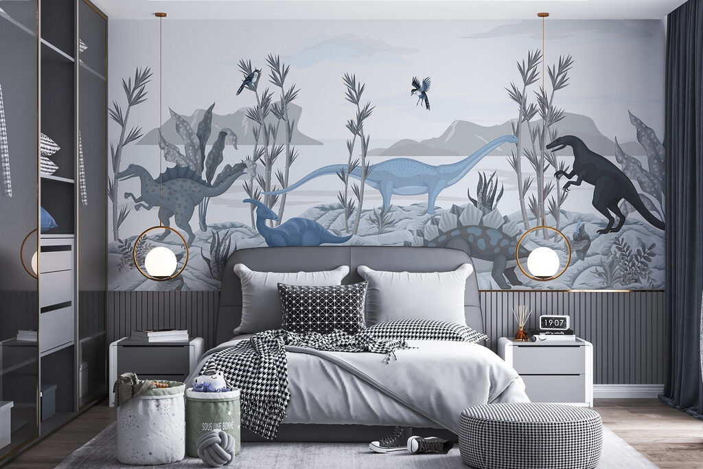 Group of dinosaurs in a landscape