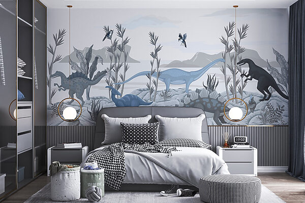 Group of dinosaurs in a landscape