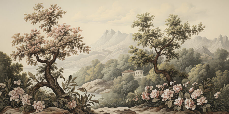 Paisaje con árboles y flores