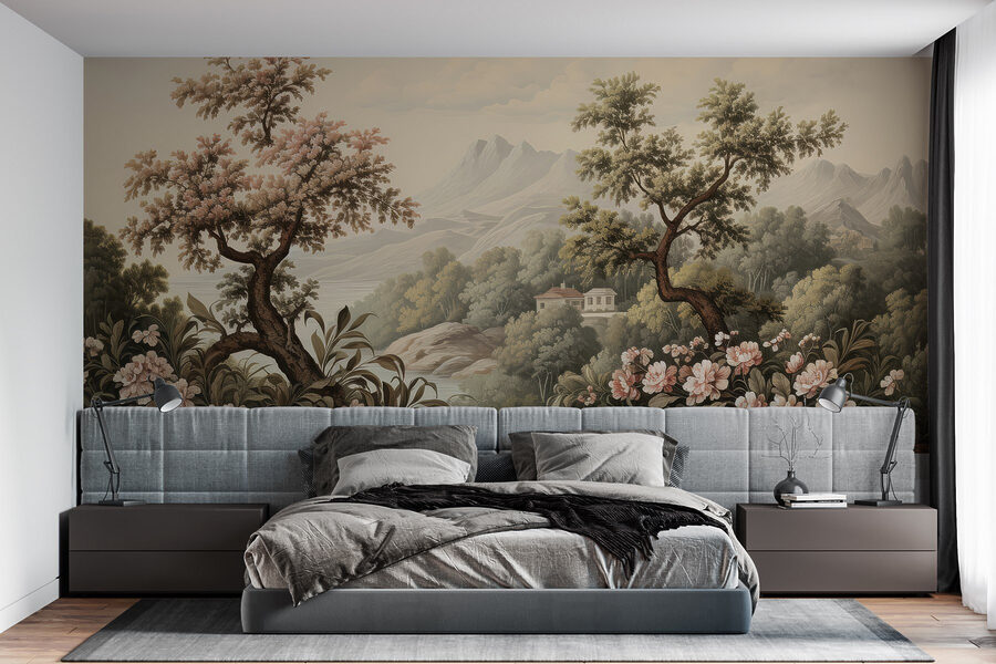 Paisaje con árboles y flores