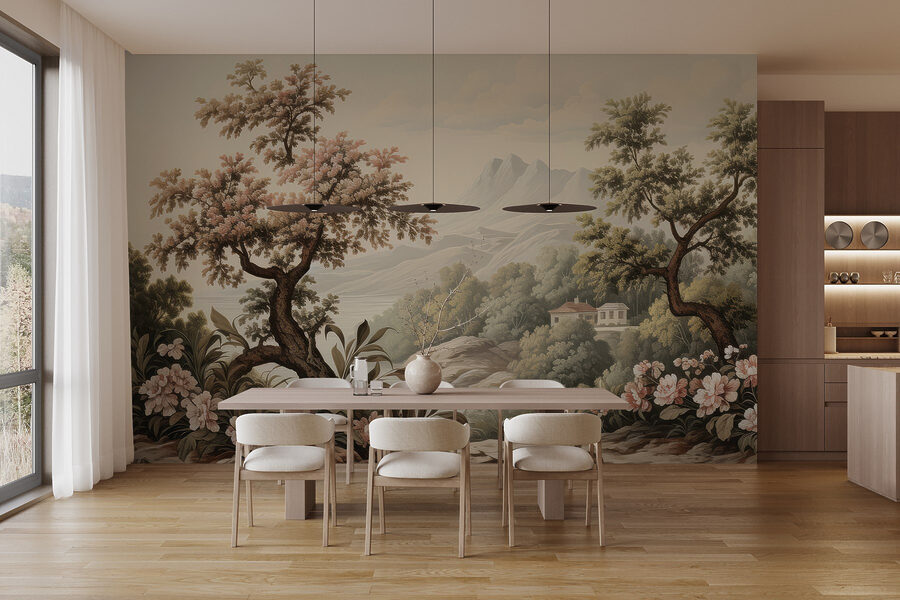 Paisaje con árboles y flores