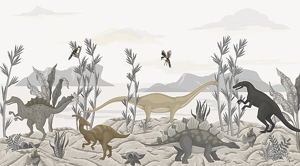 Group of dinosaurs in a desert