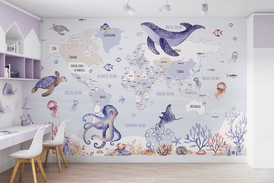 Mapa del mundo con animales marinos