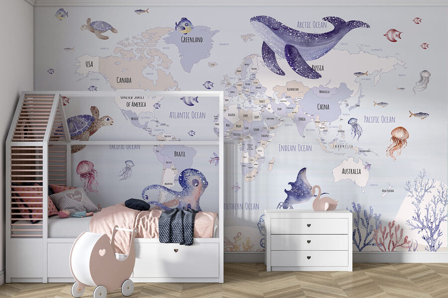 Mapa del mundo con animales marinos