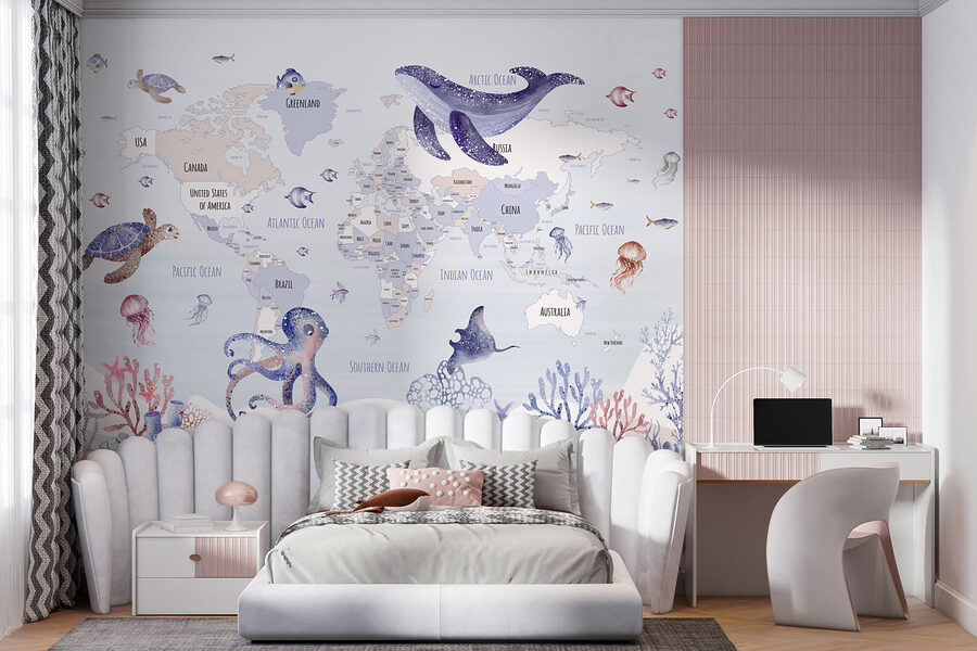 Mapa del mundo con animales marinos