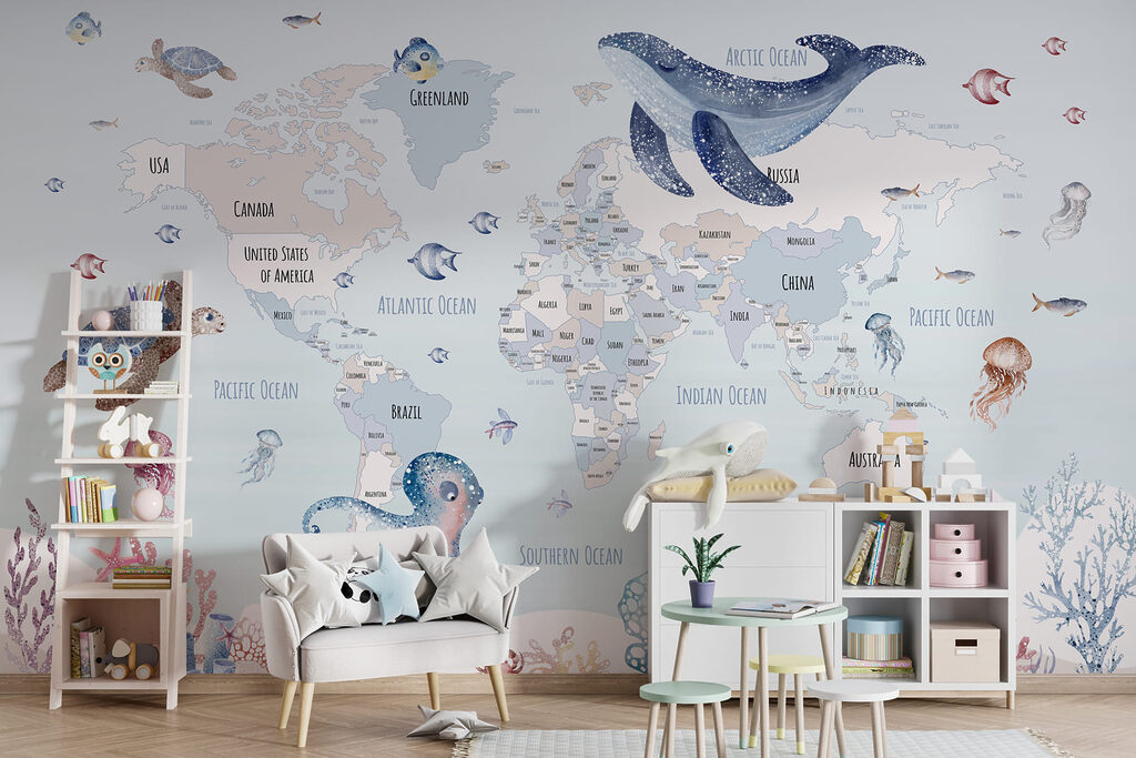 Map of the world with sea animals