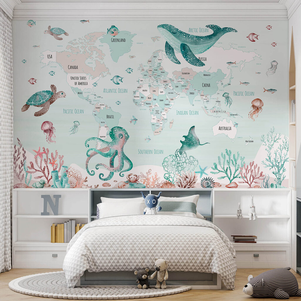 Map of the world with sea animals