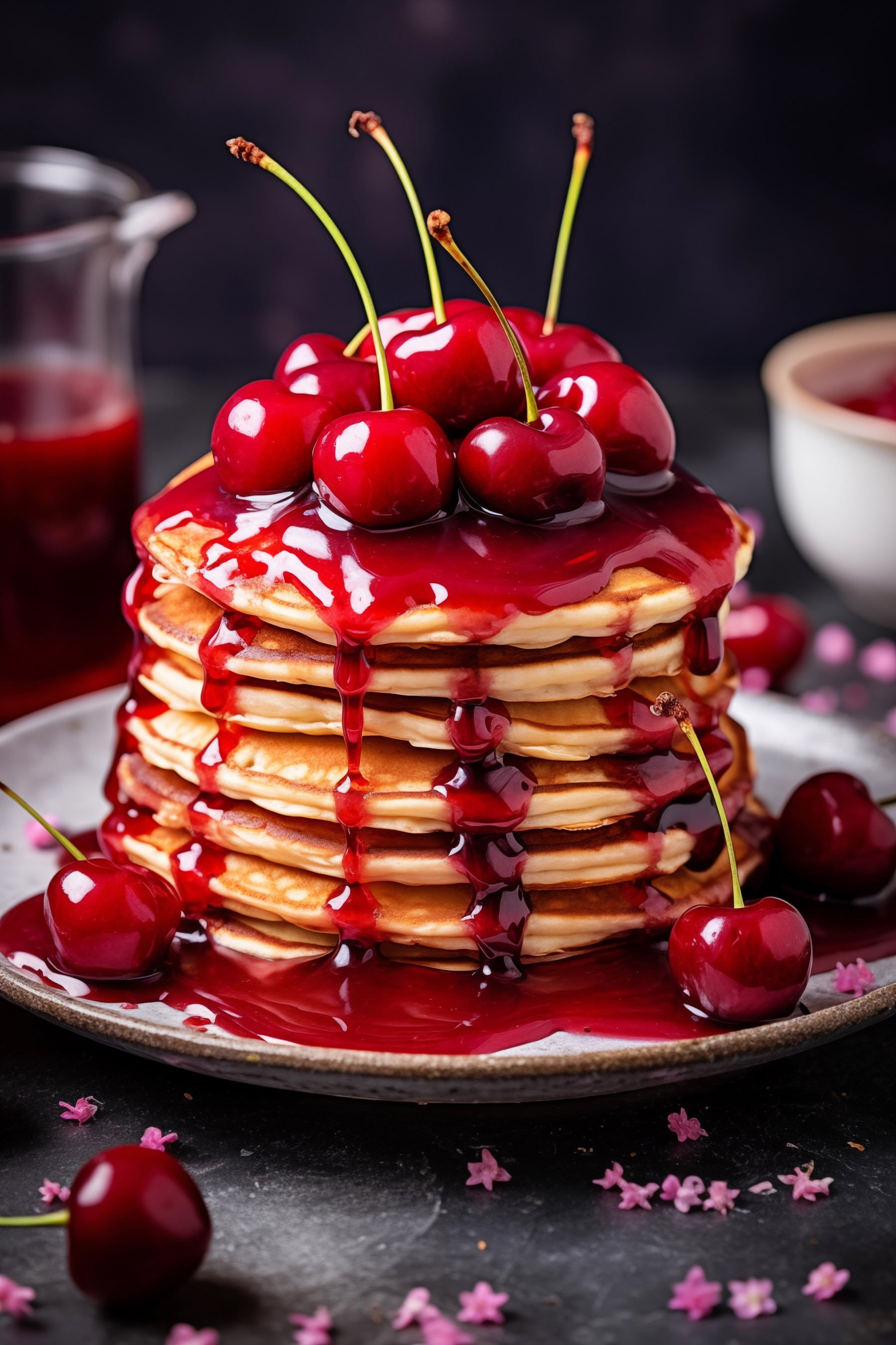 Stack of pancakes with cherry syrup on top Stack of pancakes with cherry syrup on top