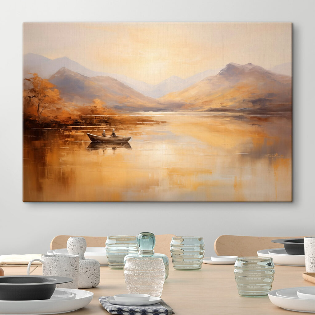 Painting of a boat on a lake with mountains in the background