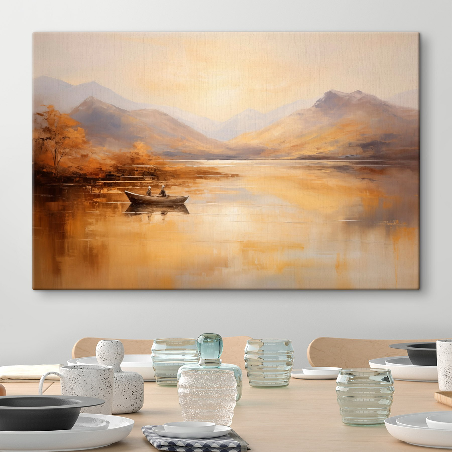 Painting of a boat on a lake with mountains in the background