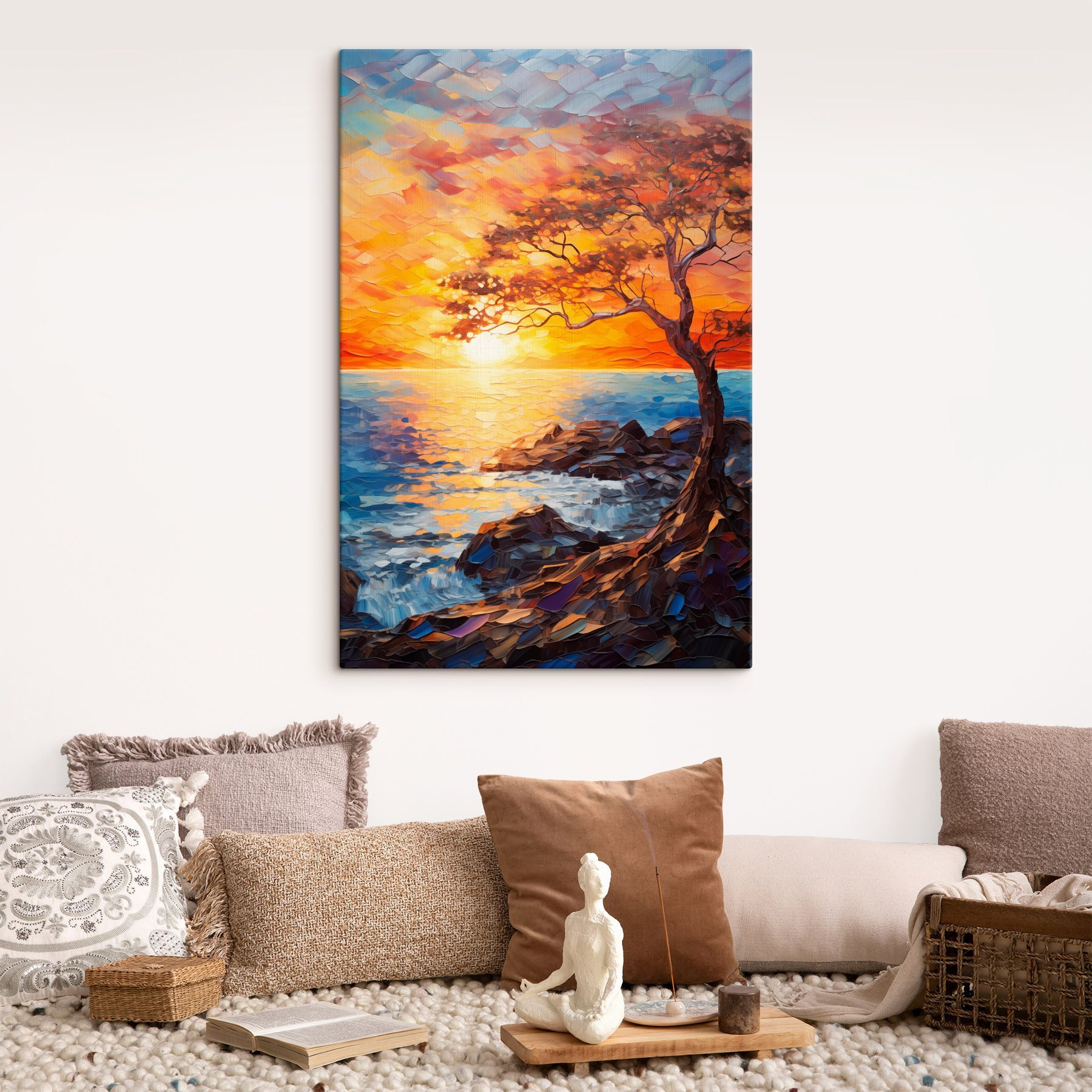 Tree on a rocky shore with a sunset behind it Tree on a rocky shore with a sunset behind it