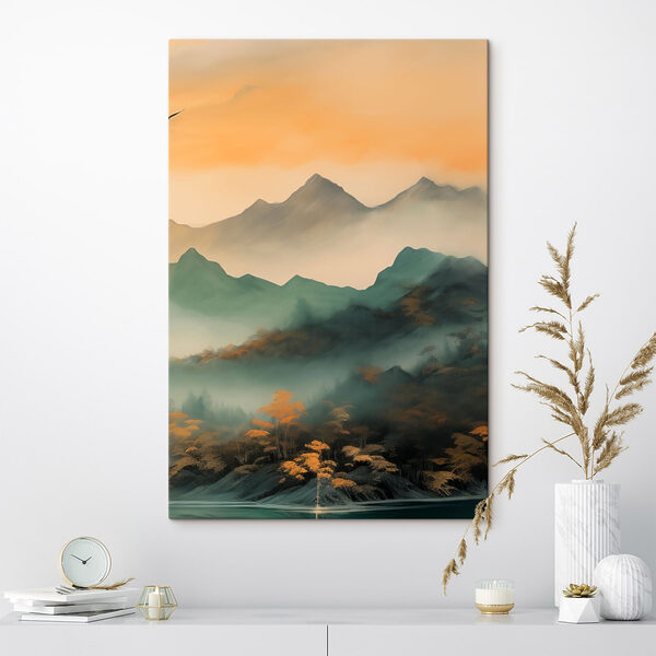 Foggy mountain range with trees