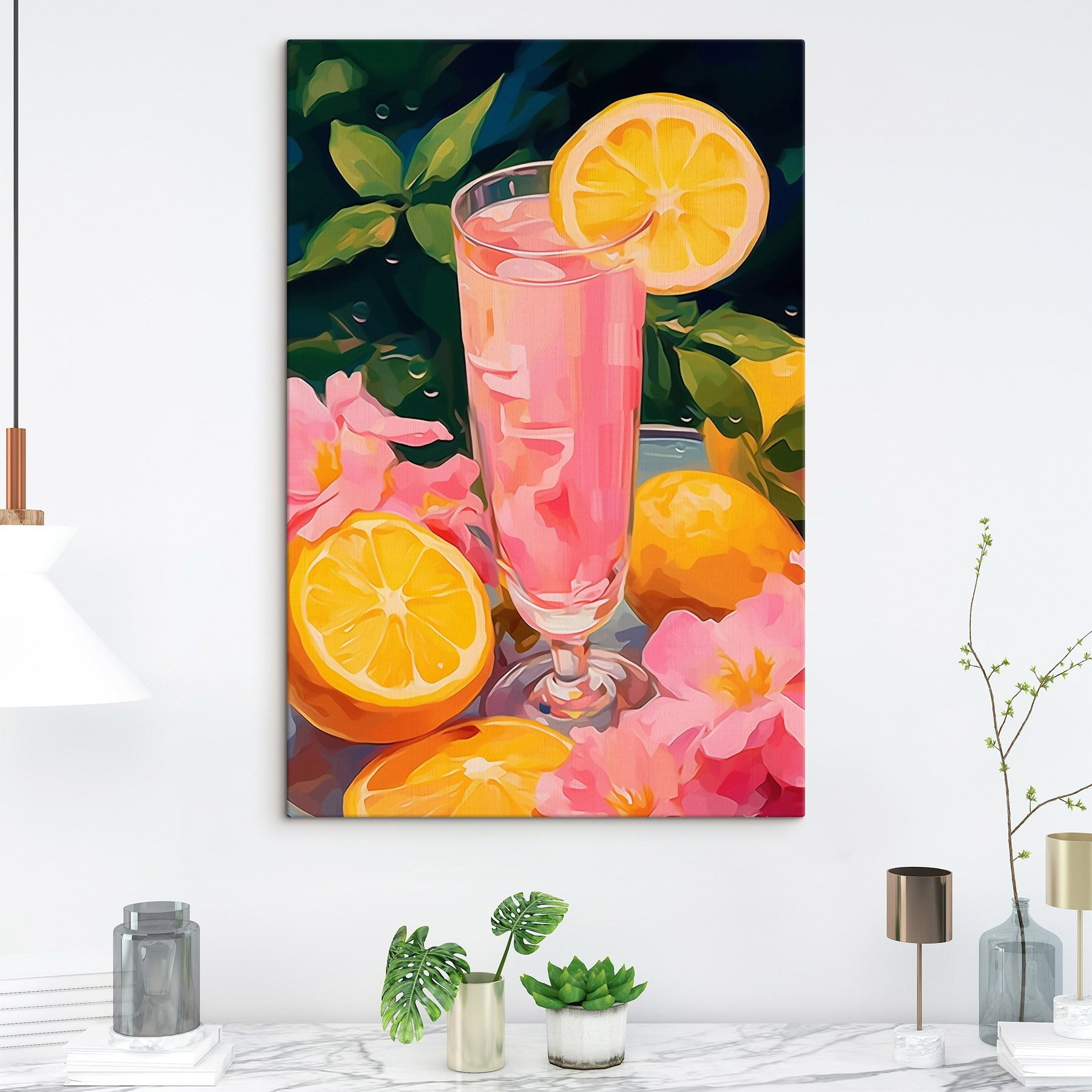 Glass of pink liquid with lemons and flowers Glass of pink liquid with lemons and flowers