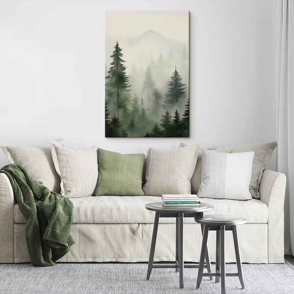 Foggy forest with trees and a mountain in the background