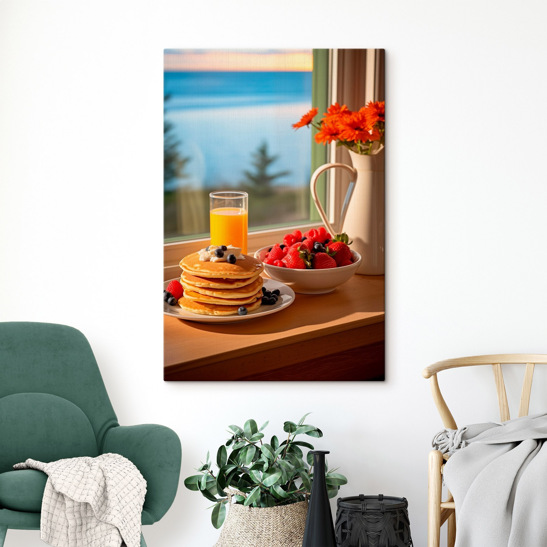 Stack of pancakes with berries and a glass of juice on a table Stack of pancakes with berries and a glass of juice on a table
